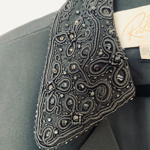 Rickie Freeman Womens Tuxedo Jacket Size 8 Black 100% Silk Beaded Elegant Party - Picture 5 of 14